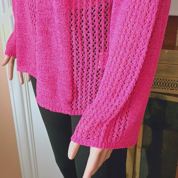 Francesca's Blue Rain Pink Sweater XL Open Knit Pointelle Long Sleeve Silky Soft - Picture 6 of 12